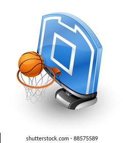 Vector illustration basketball hoop, blue backboard and ball on white background.