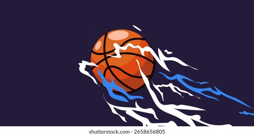 Ilustração vetorial de uma bola de basquete em chamas, com um fundo escuro dinâmico, uma bola de basquete flamejante, energia ao redor