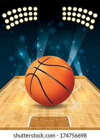 A vector illustration of a basketball on a hardwood court. EPS 10. File contains transparencies and gradient mesh.