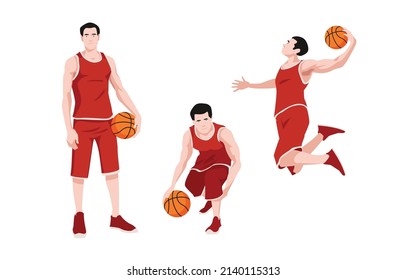 Vector illustration basketball. Basketball player with a ball in his hands in different poses stands, crouches and jumps in cartoon style.