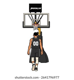 Vector illustration of a basketball player in a Black uniform standing under the hoop, viewed from behind. The scene shows a basketball court setup with a Brooklyn-branded backboard.
