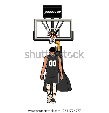 Vector illustration of a basketball player in a Black uniform standing under the hoop, viewed from behind. The scene shows a basketball court setup with a Brooklyn-branded backboard.