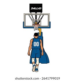 Vector illustration of a basketball player in a Blue uniform standing under the hoop, viewed from behind. The scene shows a basketball court setup with a Dallas-branded backboard,