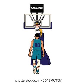 Vector illustration of a basketball player in a Blueuniform standing under the hoop, viewed from behind. The scene shows a basketball court setup with a Charlotte-branded backboard.