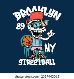 Vector illustration of Basketball player cute skeleton and graffiti lettering elements