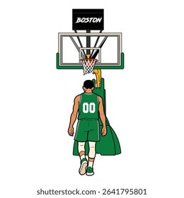 Vector illustration of a basketball player in a Greeuniform standing under the hoop, viewed from behind. The scene shows a basketball court setup with a Boston-branded backboard, emphasizing the s