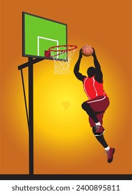 Vector illustration of a basketball player jumping and shooting the ball into the basket.