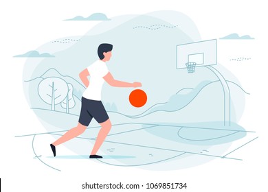 Vector illustration - basketball player. Man with ball on playground with hills and forest on background. Banner, poster template with place for your text.