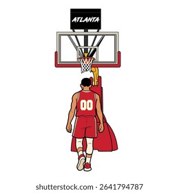 Vector illustration of a basketball player in a red and yellow uniform standing under the hoop, viewed from behind. The scene shows a basketball court setup with a Washington-branded backboard.