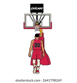 Vector illustration of a basketball player in a red uniform standing under the hoop, viewed from behind. The scene shows a basketball court setup with a Chicago-branded backboard.