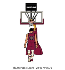 Vector illustration of a basketball player in a red uniform standing under the hoop, viewed from behind. The scene shows a basketball court setup with a Cleveland-branded backboard,