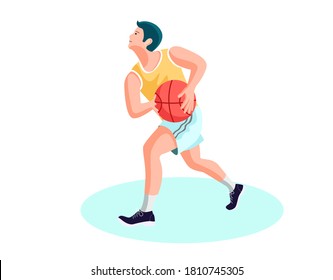 Vector illustration of basketball player running with the ball towards the net