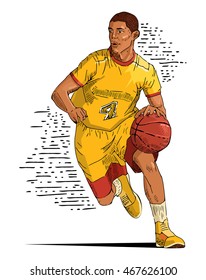 Vector illustration of a basketball player running with the ball. Beautiful sport themed poster. College, professional basketball. Team game, summer sports.