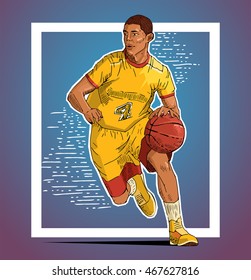 Vector illustration of a basketball player running with the ball. Beautiful sport themed poster. College, professional basketball. Team game, summer sports.