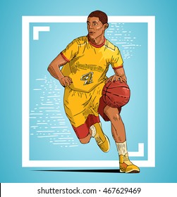 Vector illustration of a basketball player running with the ball. Beautiful sport themed poster. College, professional basketball. Team game, summer sports.