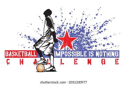 Vector illustration of basketball player silhouette with text and splash graphic effect in the background.