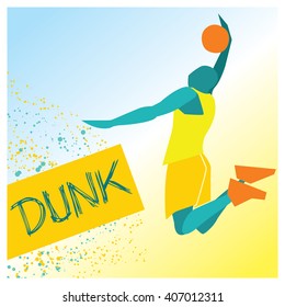 Vector illustration of a basketball player. Vector silhouette, isolated on gradient background. Dunk