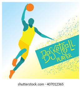 Vector illustration of a basketball player. Vector silhouette, isolated on gradient background. 