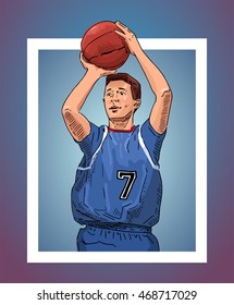 Vector illustration of a basketball player throwing the ball. Beautiful sport themed poster. College, professional basketball. Team game, summer sports.