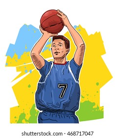 Vector illustration of a basketball player throwing the ball. Beautiful sport themed poster. College, professional basketball. Team game, summer sports.