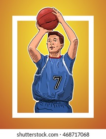 Vector illustration of a basketball player throwing the ball. Beautiful sport themed poster. College, professional basketball. Team game, summer sports.