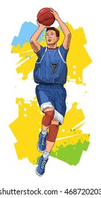 Vector illustration of a basketball player throwing the ball. Beautiful sport themed poster. College, professional basketball. Team game, summer sports.