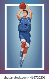 Vector illustration of a basketball player throwing the ball. Beautiful sport themed poster. College, professional basketball. Team game, summer sports.