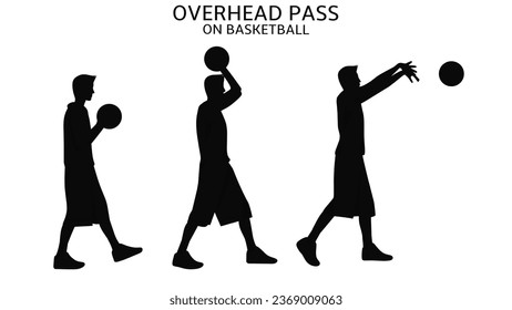 Vector illustration of basketball player,over head pass,pass on basketball minilamist flat icon silhouette isolated on white background