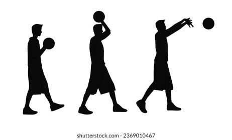 Vector illustration of basketball player,over head pass,pass on basketball minilamist flat icon silhouette isolated on white background