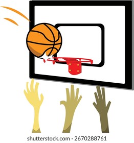 Vector illustration of a basketball in rebound position, the ball bouncing on the basketball ring and the hands of the players fighting for the ball