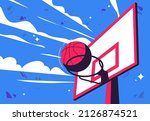 vector illustration of a basketball with a basketball ring on a sky background with clouds