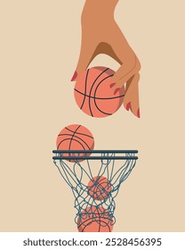 Ilustração vetorial. Basquete, esporte. Mão segura a bola. Cartaz, faixa, cartão, capa. Histórico. Jogo. Design plano, estilo moderno.