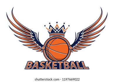 Vector illustration of basketball sport logo with typography sign, ball, wings, crown  isolated on white background.