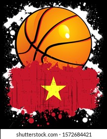 Vector illustration of a basketball sports logo with the flag of Socialist Republic of Vietnam, isolated on black background