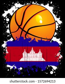Vector illustration of a basketball sports logo with the flag of Kingdom of Cambodia, isolated on black background