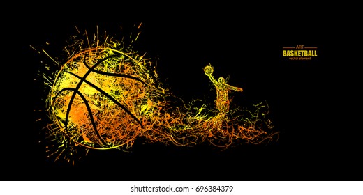 Vector illustration for basketball. Sports modern banner, glowing ball, particles. Effect of fire. Hand drawing. EPS file is layered.