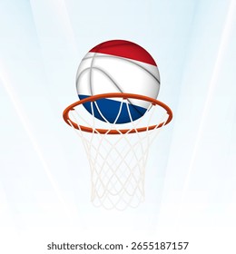 Ilustração vetorial de uma bola de basquete estilizada com a bandeira nacional da Holanda, capturada no momento da pontuação através de um aro. Perfeito para torneios esportivos, competições internacionais.