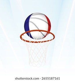 Ilustração vetorial de uma bola de basquete estilizada com a bandeira nacional da França, capturada no momento da pontuação através de um aro. Perfeito para torneios esportivos, competições internacionais.