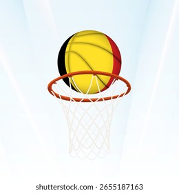 Ilustração vetorial de uma bola de basquete estilizada com a bandeira nacional da Bélgica, capturada no momento da pontuação através de um aro. Perfeito para torneios esportivos, competições internacionais.