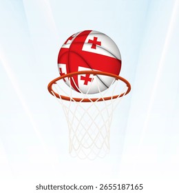 Ilustração vetorial de uma bola de basquete estilizada com a bandeira nacional da Geórgia, capturada no momento da pontuação através de um aro. Perfeito para torneios esportivos, competições internacionais.