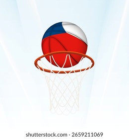 Ilustración vectorial de una pelota de baloncesto con la bandera nacional de la República Checa, capturada en el momento de anotar a través de un aro. Perfecto para torneos deportivos, competiciones internacionales.
