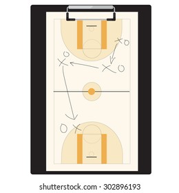 Vector illustration of basketball tactic on clipboard. Basketball tactic board. Writing a basketball game strategy on a blackboard. Tactic plan