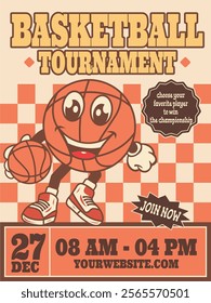Vector illustration of basketball tournament flyer, poster, with retro cartoon basketball characters with funny faces, retro model