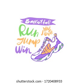 Vektorgrafik für Basketball. Typografisches Design auf weißem Hintergrund. Sneaker und die Inschrift.
