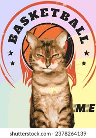 Ilustración vectorial de un gato que juega al baloncesto en un fondo dinámico. Este diseño ofrece numerosas características cautivadoras