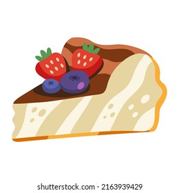 Vector illustration of a basque cheesecake with berries. Delicious san sebastian cake with strawberry and blueberry. Brown, beige, red, blue colors. Hand drawn cartoon flat vector illustration