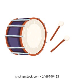 Vector illustration of a bass drum. Classical musical instruments. Violet and silver colors. Isolated objects. White background