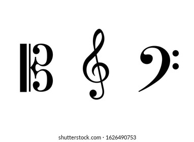 Vector illustration of a bass F-clef, treble G-clef, alto C-clef. Signs of musical alliteration. Black sings on a white background. Elements for design. Symbols of a musical staff clefs.
