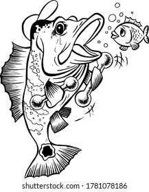 
Vector illustration of a bass fish exercising, lifting dumbbells