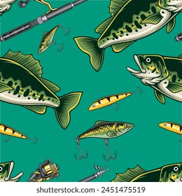 Ilustración vectorial de peces bajos, caña de pescar y cebos de pesca con la ilustración de Antiguas disponible para el patrón